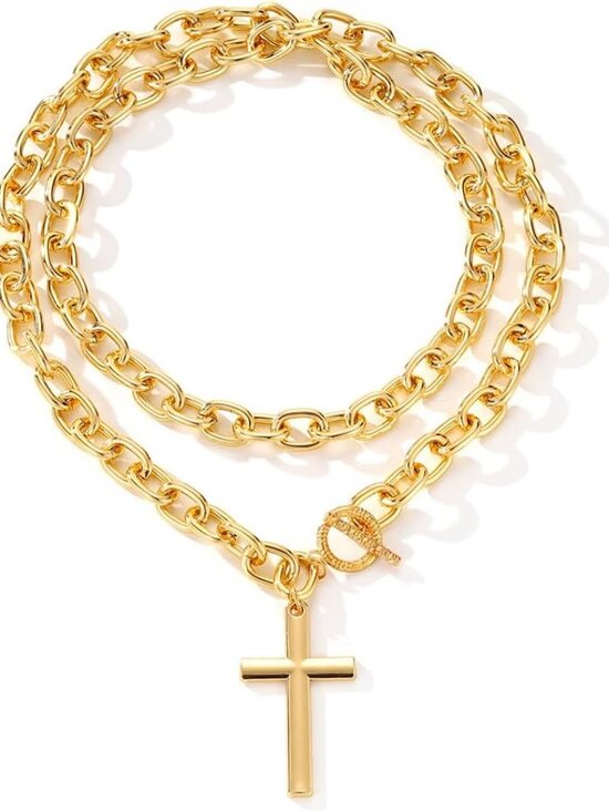 Jewelry - Chunky Gold Cross Necklace for Women Layered Necklace Retro Big Gold Cross Penda